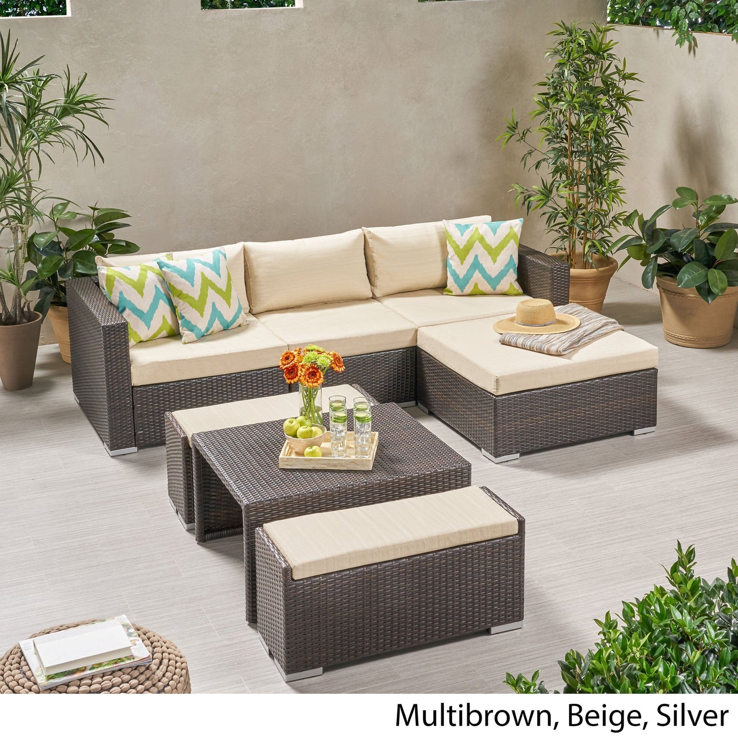 Outdoor 5 Seater L Shaped Wicker Sofa and Ottoman Set - NH759903