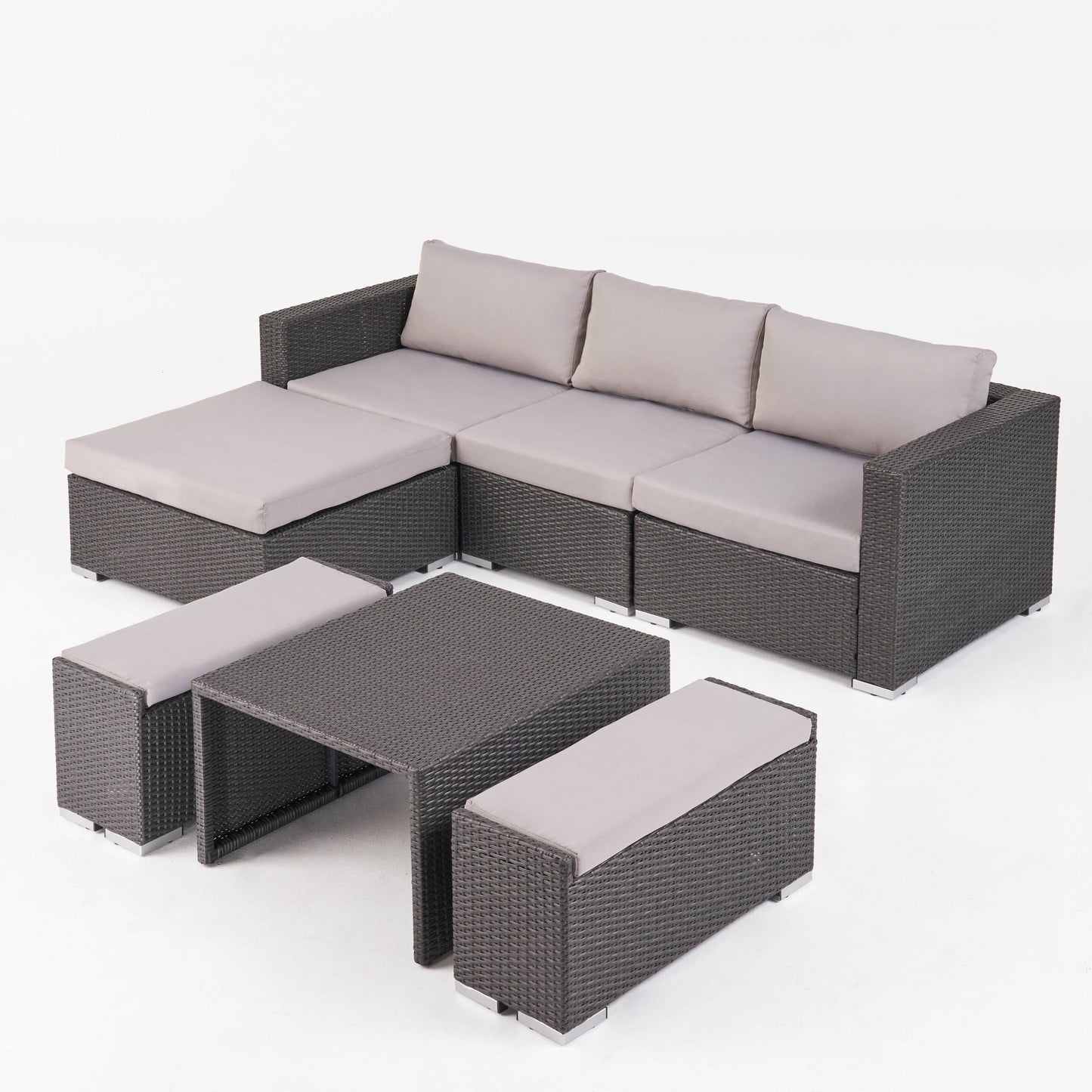 Outdoor 5 Seater L Shaped Wicker Sofa and Ottoman Set - NH759903