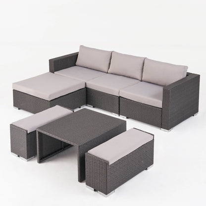 Outdoor 5 Seater L Shaped Wicker Sofa and Ottoman Set - NH759903